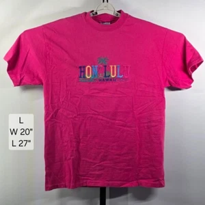 Vintage 90s Embroidered Honolulu Hawaii T-Shirt L Single Stitch USA Made Pink - Picture 1 of 7