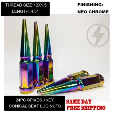 FIT BUICK RAINER 2004-07 SPIKE LUG NUT CONICAL SEAT 4.5'' 12x1.5 NEO CHROME 24PC - Image 1 of 4