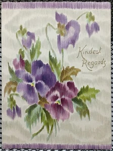 c1920s Kindest Regards Textured Embossed Lavender Floral Blank Greeting Card - Picture 1 of 3