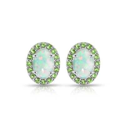 Oval Halo Labor Erstellt Opal & Peridot Ohrstecker Ohrringe Silber - Bild 1 von 3