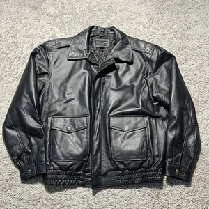 Vintage Y2k Mens Black Leather Flight Bomber Jacket Large Full Zip Pockets Soft - Picture 1 of 8