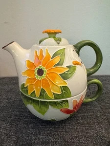 Blue Sky Ceramics Tea For One Sunflower Floral Design Artist Heather Goldminc - Picture 1 of 7