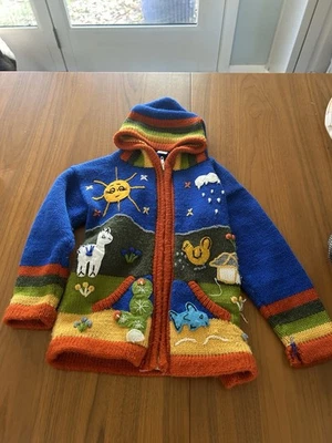  Vintage Handmade Peruvian Full Zip Sweater Size 8 ( Age 4-5) Acrylic Knit WARM - Image 1 of 4