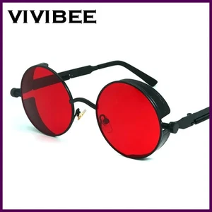 Gafas de sol VIVIBEE vintage rojas steampunk para hombre redondas punk aleación metal retro - Imagen 1 de 29