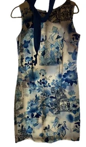 Vintage CHRIS KELLOGG PALM BEACH Blue And White Asian Print Shift Sz 12 - Picture 1 of 7