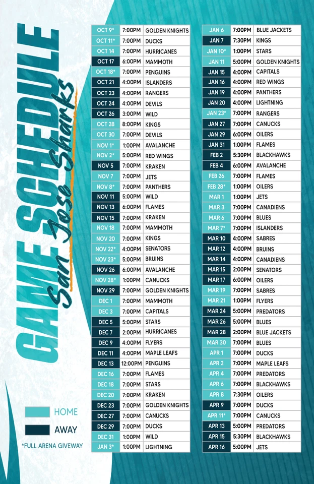 San Jose Sharks 2025-2026 Schedule Poster 11 x 17" San Jose Sharks Fan Gift - Image 1 of 3
