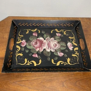 Vintage Black Metal Tray Pink Gold Floral Filigree 16" X 12" - Picture 1 of 7
