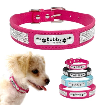 Collar Personalizado Mascota Perro Estrás Diamantes Gamuza Gato Cachorro Nombre ID Grabado Foto 1 de 4