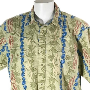Wrangler Hawaiian Shirt Large Floral Leaves Pearl Snap Olive-Green Blue - Picture 1 of 6