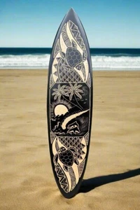 Tribal Turtle Surfing Dolphins Tropical Wood Carved Surfboard Wall Plaque 39" - Picture 1 of 7