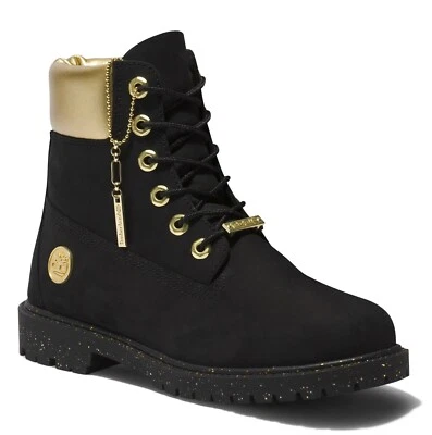Botas de cuero impermeables Timberland Heritage para mujer de 6 pulgadas negras doradas talla 8,5 Foto 1 de 4