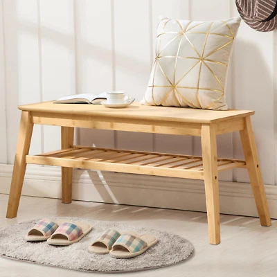 33.46" Bamboo Entryway Bench, 2 Tier Indoor Storage Bench, Wood Bench for Living - Image 1 of 4