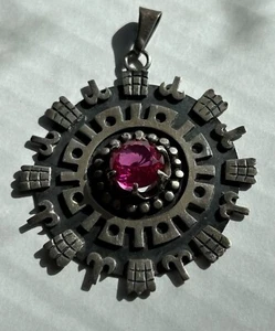 MEXICAN STERLING PENDANT W SYNTHETIC SAPPHIRE VINTAGE SIGNED - Picture 1 of 14