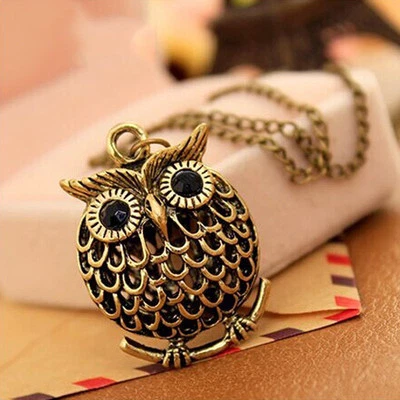 Леди сова кристалл бронзы ретро ожерелье цепочка женщин подвеска ювелирных изделий подвеска моды - Изображение 1 из 4