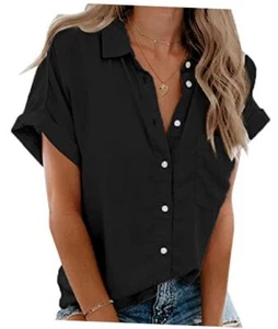 Womens Short Sleeve Shirts V Neck Collared Button Down Shirt Tops Large Black - Picture 1 of 7