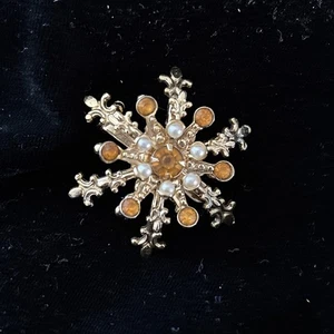 Vintage Orange Strass Kunstperlen Schneeflocke Brosche Modeschmuck Anstecknadel - Bild 1 von 7