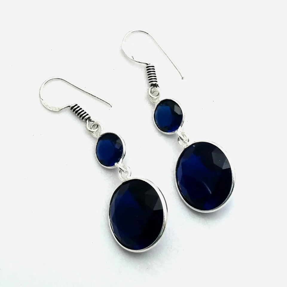 Brincos pendurados de gota feitos à mão de pedra preciosa de tanzanita joias para ela 1,8" AE-11493 - Imagem 1 de 1