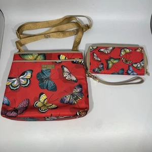 Anuschka Crossbody Purse Bag & Wallet Set - Red Butterfly Hand painted Fabric - Picture 1 of 12