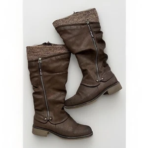 Muk Luks Bianca Riding Boots Size 7 Brown Faux Leather Knee High Block Heel - Picture 1 of 16