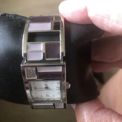 Enamel Watch Women Silver Tone Open Cuff Clamper 21mm New Battery 6.5" Mod Retro - Image 1 of 4