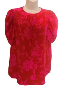Shein Large (Measures like a Medium) Red & Pink Floral Puff-Sleeve Pullover Top - Picture 1 of 7
