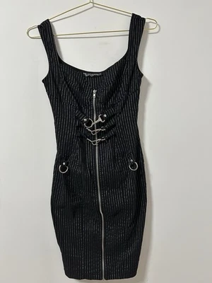 罕见复古 Lip Service Gangsta Pranksta 细条纹女式 Y2K 迷你连衣裙大号 — 第 1/4 张图片