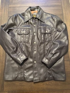 Vintage Iberia Shirt Jacket Mens Medium Brown Vinyl Faux Leather Snap Front 70s - Picture 1 of 13