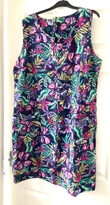 Isle EWM V Neck Chinese Style Linen Blend Shift Dress POCKETS Blue Green size 18 - Picture 1 of 3