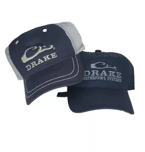 2x NEW DRAKE WATERFOWL LOGO CAPS MESH Blue/White & COTTON TWILL NAVY BLUE - Picture 1 of 5
