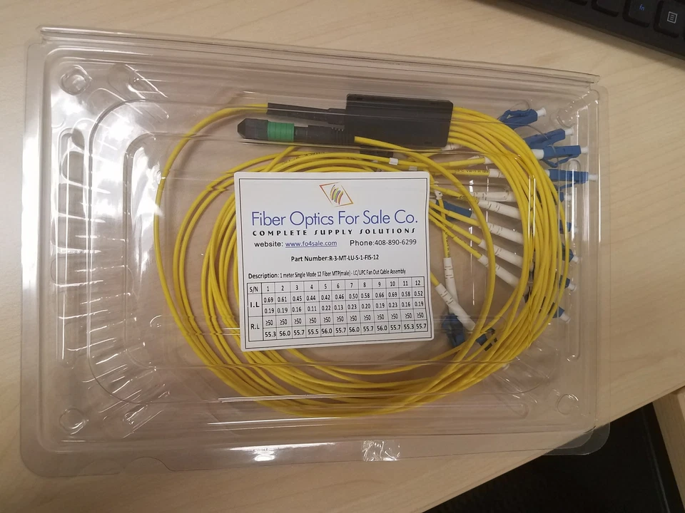 1 Meter Single Mode 12 Fiber MTP(Male) APC 8Â° Angled - LC/UPC Fan Out Cable - Image 1 of 1