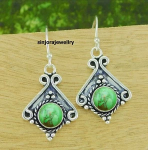Green Copper Turquoise stone 925 sterling silver handmade Dangle Drop Earrings - Picture 1 of 4