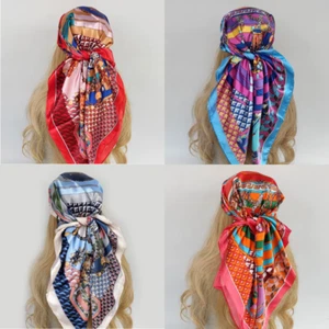 Colorful Summer Silky Scarves - Head Bandana, Shawl, Bag Charm, Sarong Pink Blue - Picture 1 of 11