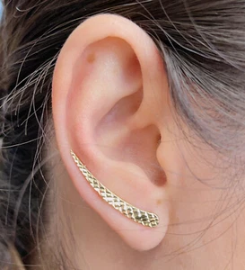 14K Gold Fancy Diamond Cut Yellow Gold Ear Climber Earrings - Picture 1 of 10