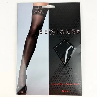 Be Wicked Black Floral Lace Top Thigh Highs Sheer Stretch Nylons Hosiery Z - Image 1 of 2