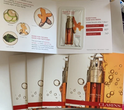 Lote de 5 tarjetas de muestreo de viales de suero doble Clarins tamaño 0,03 OZ 0,9 ml cada una nueva  Foto 1 de 3