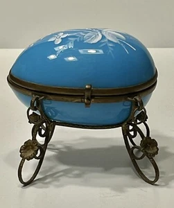 Ataúd de perfume huevo vidrio arte opalino azul claro esmaltado francés Mary Gregory - Imagen 1 de 6