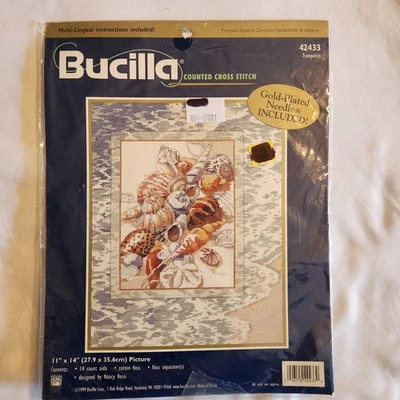 Bucilla Tranquility Counted Cross Stitch Kit Seashells Beach 11x14 NIP Vtg 1999  - Image 1 of 4