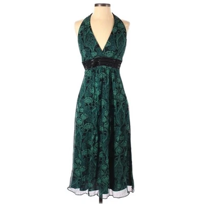 Shelli Segal Green Silk Beaded Cocktail Dress 4 Y2K Paisley Halter Knee Length - Image 1 of 4