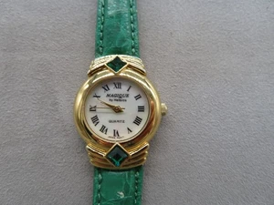 Ladies Magique by Helbros Watch 2 Green Gems Green Leather Band New Battery - Picture 1 of 17