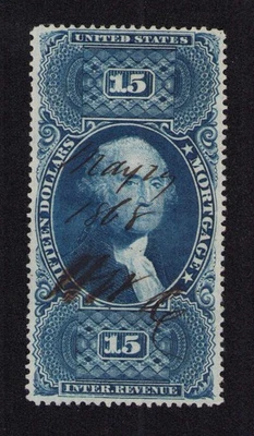 1869 US Revenue R97c, $15 Mortgage, Blue, Perf - Used F/VF - Image 1 of 3