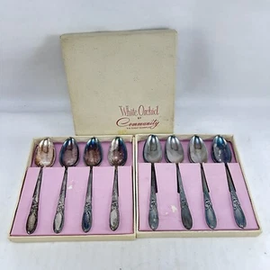 "Juego de 8 cucharas Oneida Community plateadas blancas Orquídea Demitasse 4 5/8""" - Imagen 1 de 7