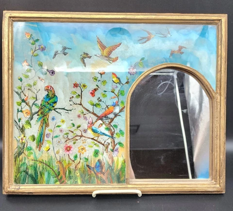 Vintage Peruvian Reverse Painted Tropical Birds with Side Mirror Framed Cover