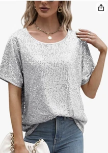 Sucolan 2XL Silver Sequin Top Sparkly Glitter Blouses Sequin Short Sleeve - Picture 1 of 14