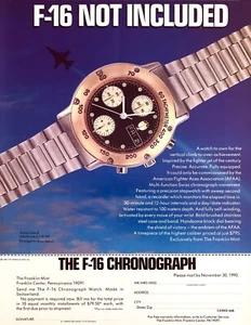 1990 AFAA F-16 reloj cronógrafo foto Franklin como nuevo anuncio impreso impreso - Imagen 1 de 1