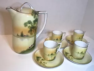 Antikes Nippon Schokoladentopf Set handbemalt Porzellan Land Szene aufgehende Sonne - Bild 1 von 11