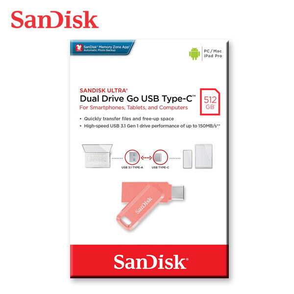 SanDisk 512GB Ultra Dual Drive Go USB Type-C OTG On-The-Go USB 3.1 Peach Color