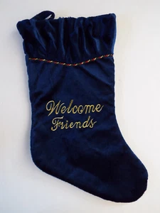 Dan Dee Blue Velvet Christmas Stocking Vtg WELCOME FRIENDS Gold Embroidery - Picture 1 of 3