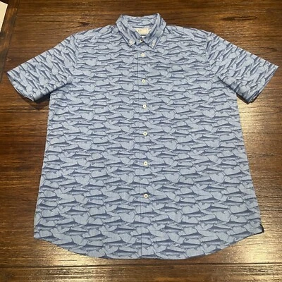 Southern Tide Men's Sz M Navy Blue Fish Print SS Performance Shirt Button Down - Image 1 of 4