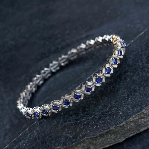 Lab-Created 1.60 CT Square Cut Sapphire & Cubic Zirconia 935 Silver Bracelet - Picture 1 of 4