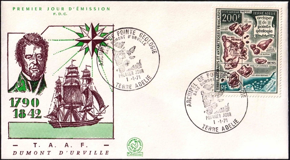 TAAF 1971-1-1 Point Geology Archipelago, mapa, FDC Foto 1 de 1